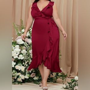 Plus size ruffle trim wrap dress